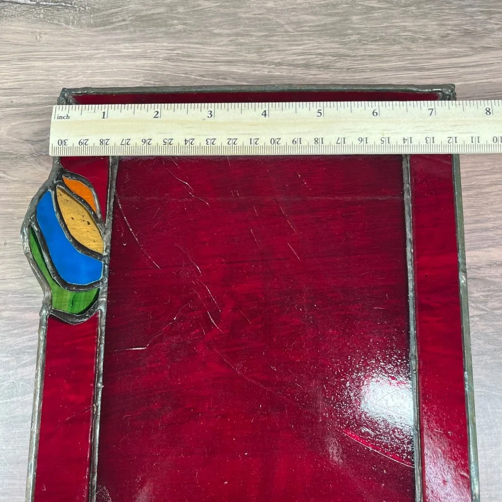 Stained Glass Vanity Catch Tray Red Art Deco Floral Catchall Dish
